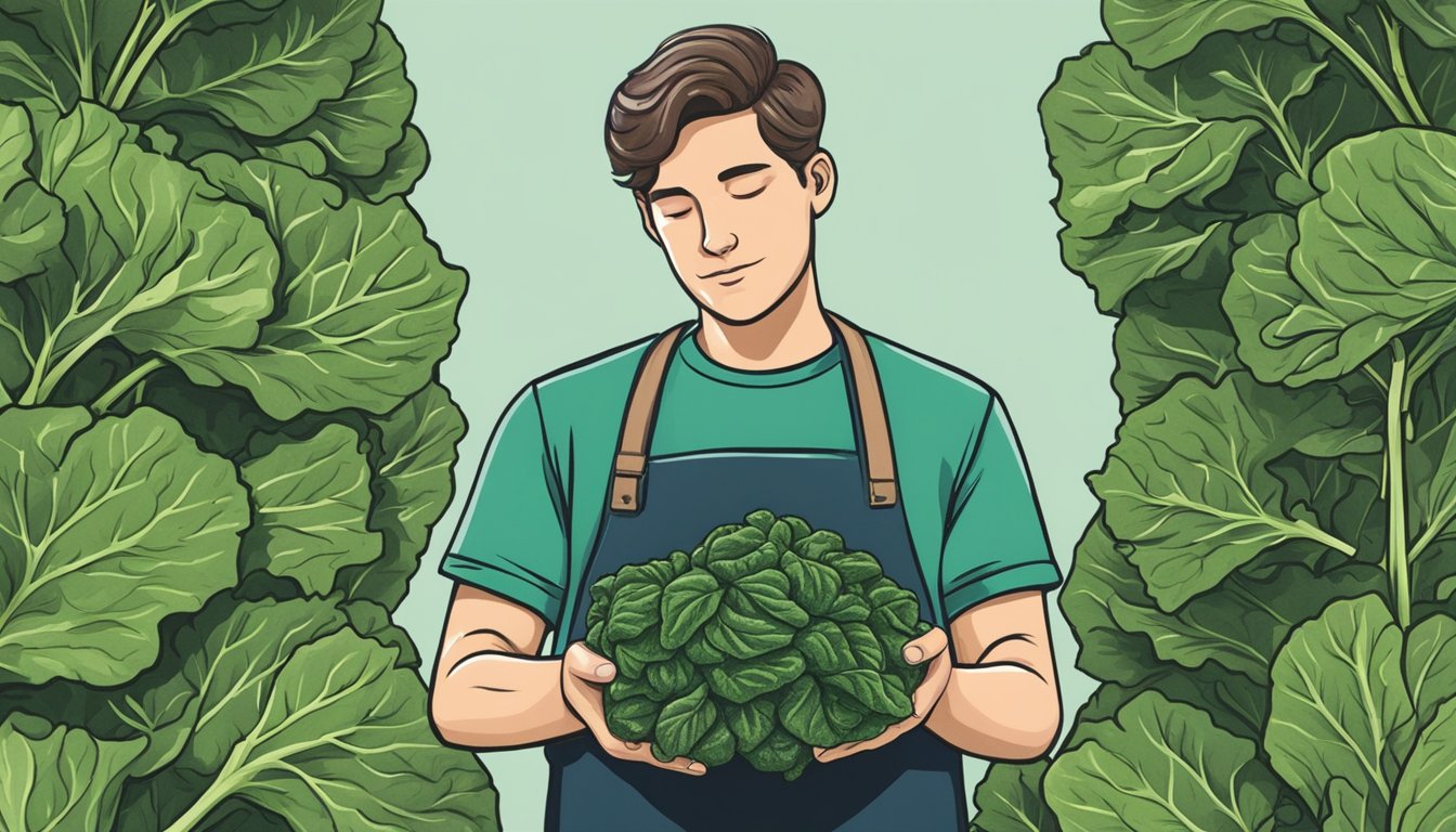 A person holding a bunch of collard greens, examining them closely for ripeness before preparing them for consumption