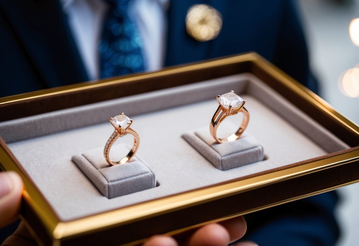 A jeweler presenting two elegant engagement rings on a velvet display tray, each with unique designs and personalized engravings