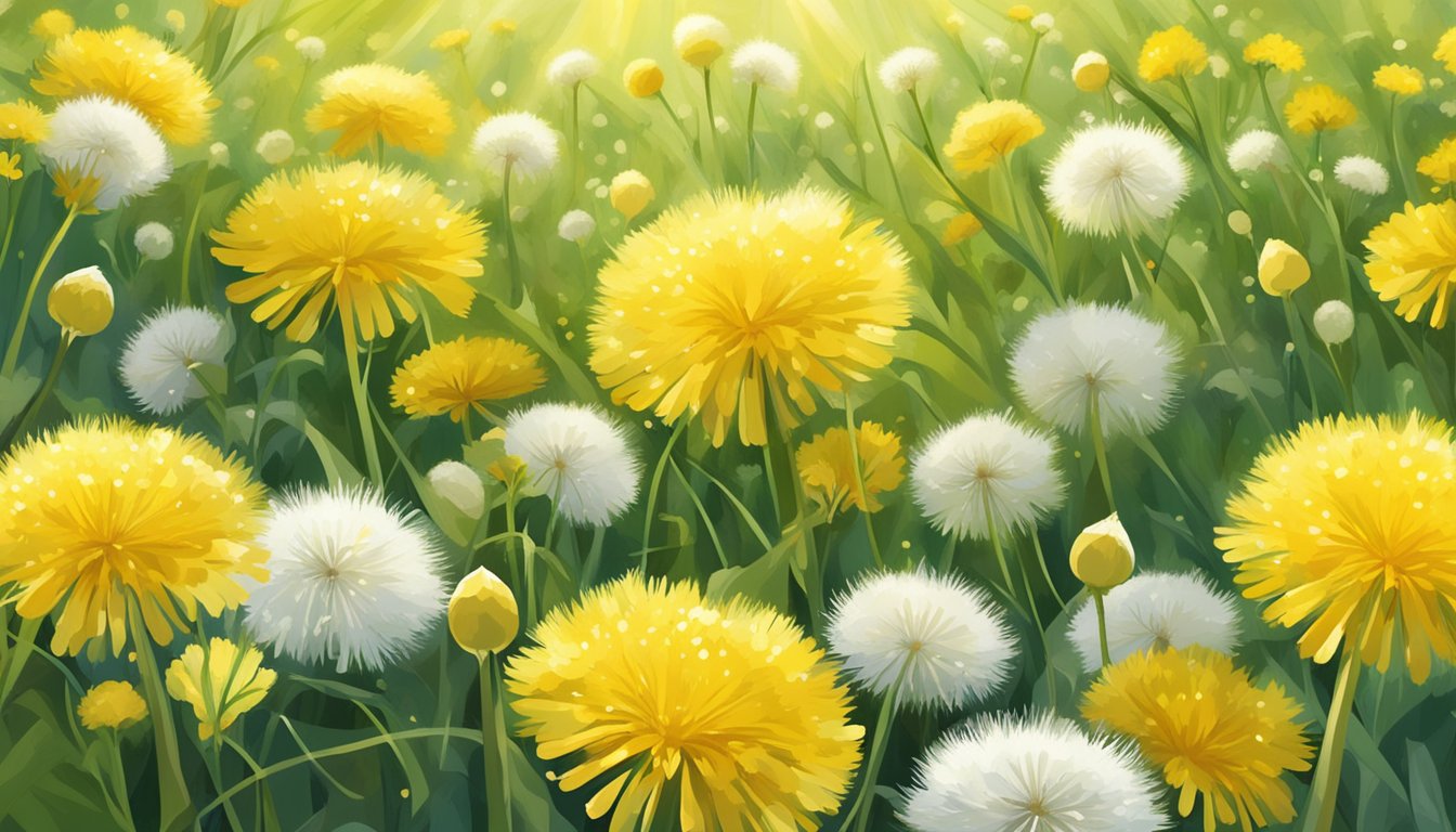 A lush field of dandelions, with bright yellow flowers and fluffy white seed heads, surrounded by greenery and bathed in sunlight