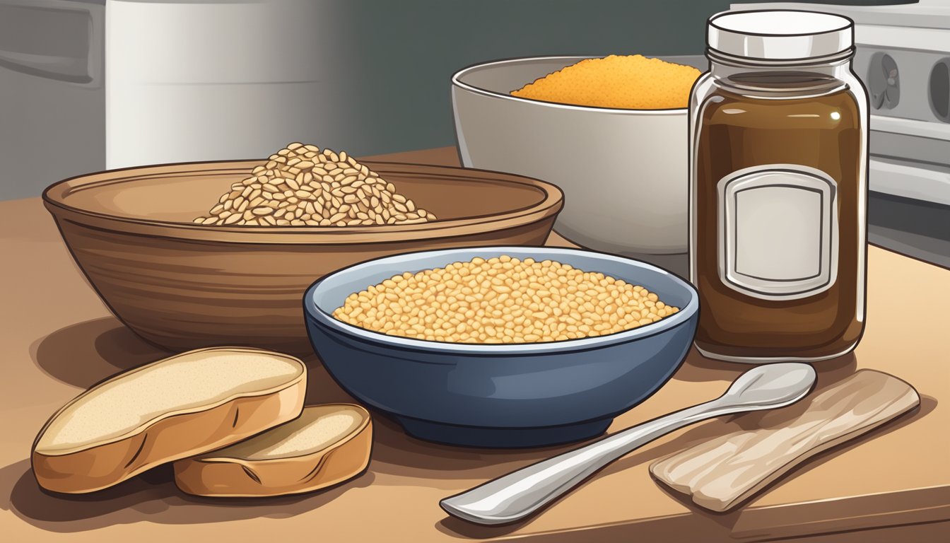 A bowl of cooked barley next to a loaf of bread, a pot of soup, and a jar of barley flour on a kitchen counter