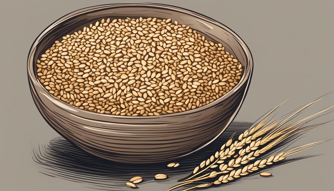 A bowl of expired barley sits next to other whole grains, showing signs of spoilage