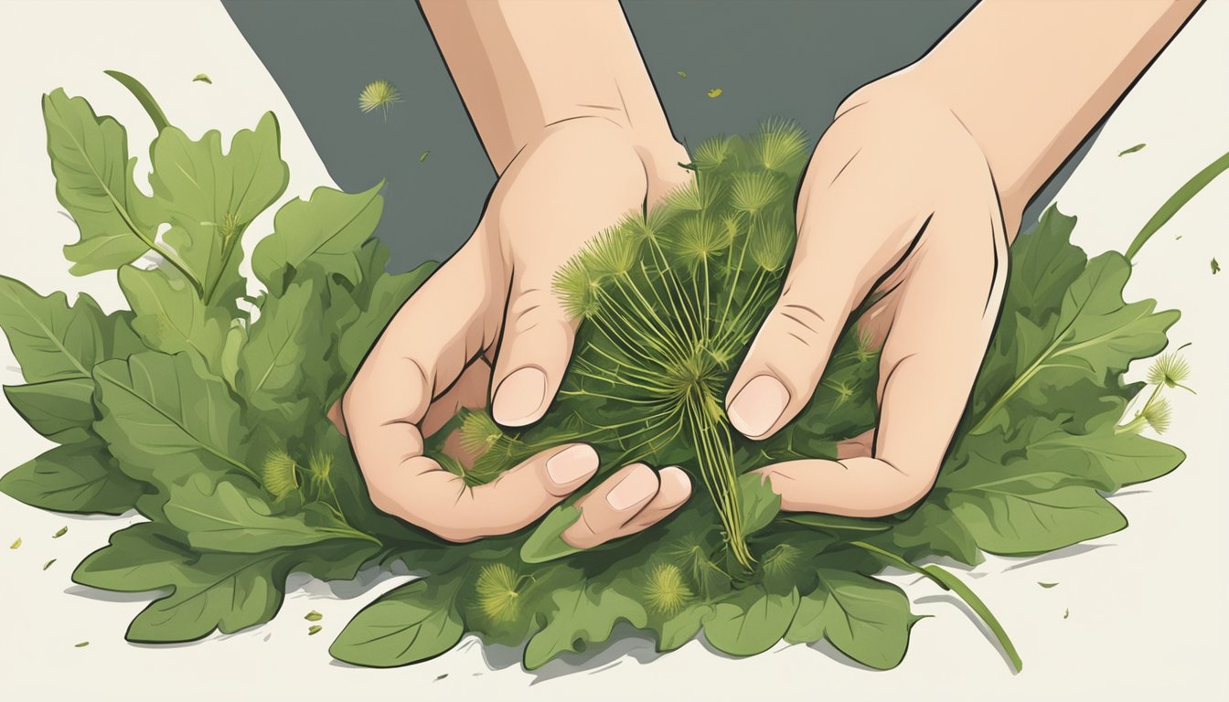 A hand picking fresh dandelion leaves from a garden