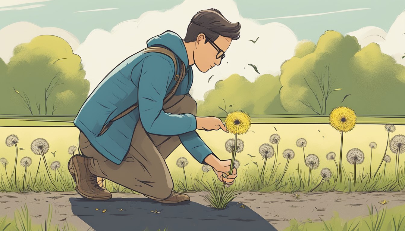 A person plucks a dandelion from the ground and holds it up, examining it cautiously. Nearby, a sign warns of potential risks