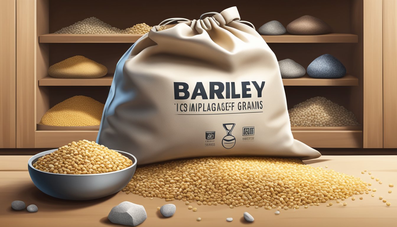 A bag of barley grains sits on a shelf with a variety of minerals surrounding it, including iron, magnesium, and zinc