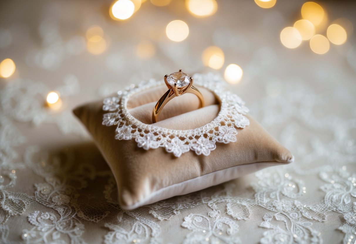 A small, elegant velvet pillow holds the bride's ring, adorned with delicate lace and shimmering with a soft, golden glow