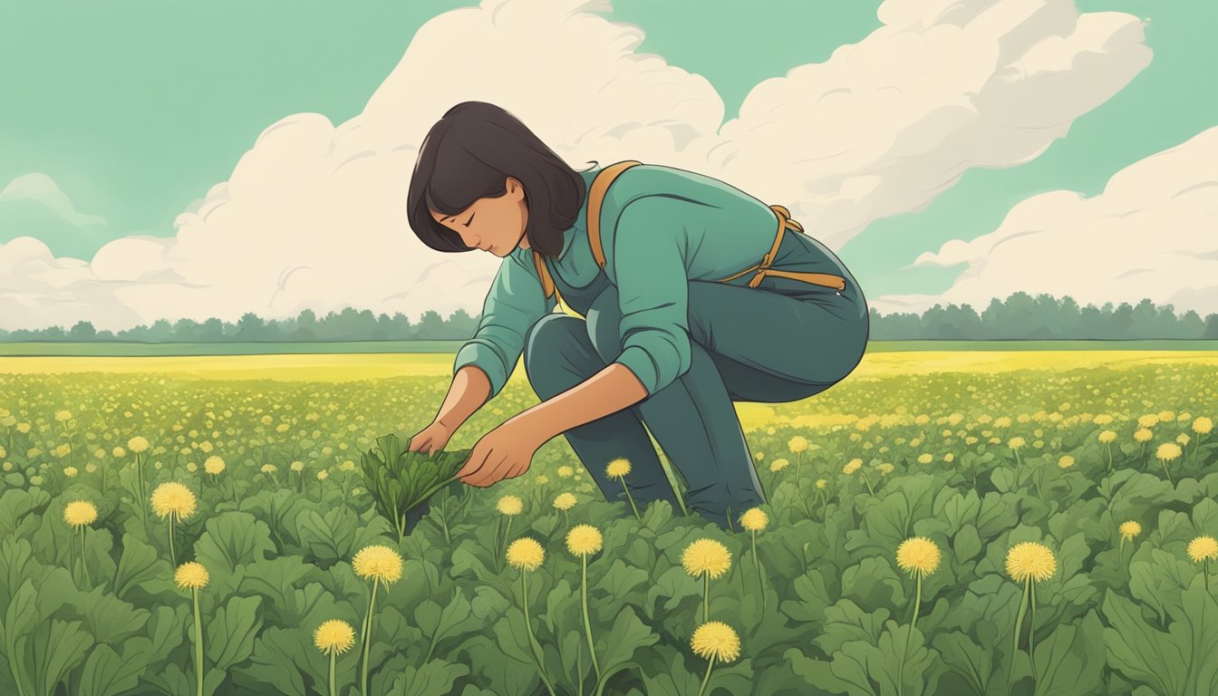 A person picking fresh dandelion greens from a field, inspecting them closely before eating