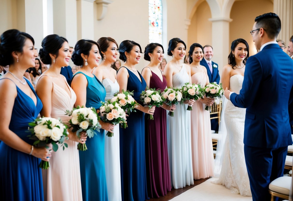 A group of women in elegant dresses, holding bouquets, stand in a line at a wedding ceremony. The bride and groom are exchanging vows at the altar