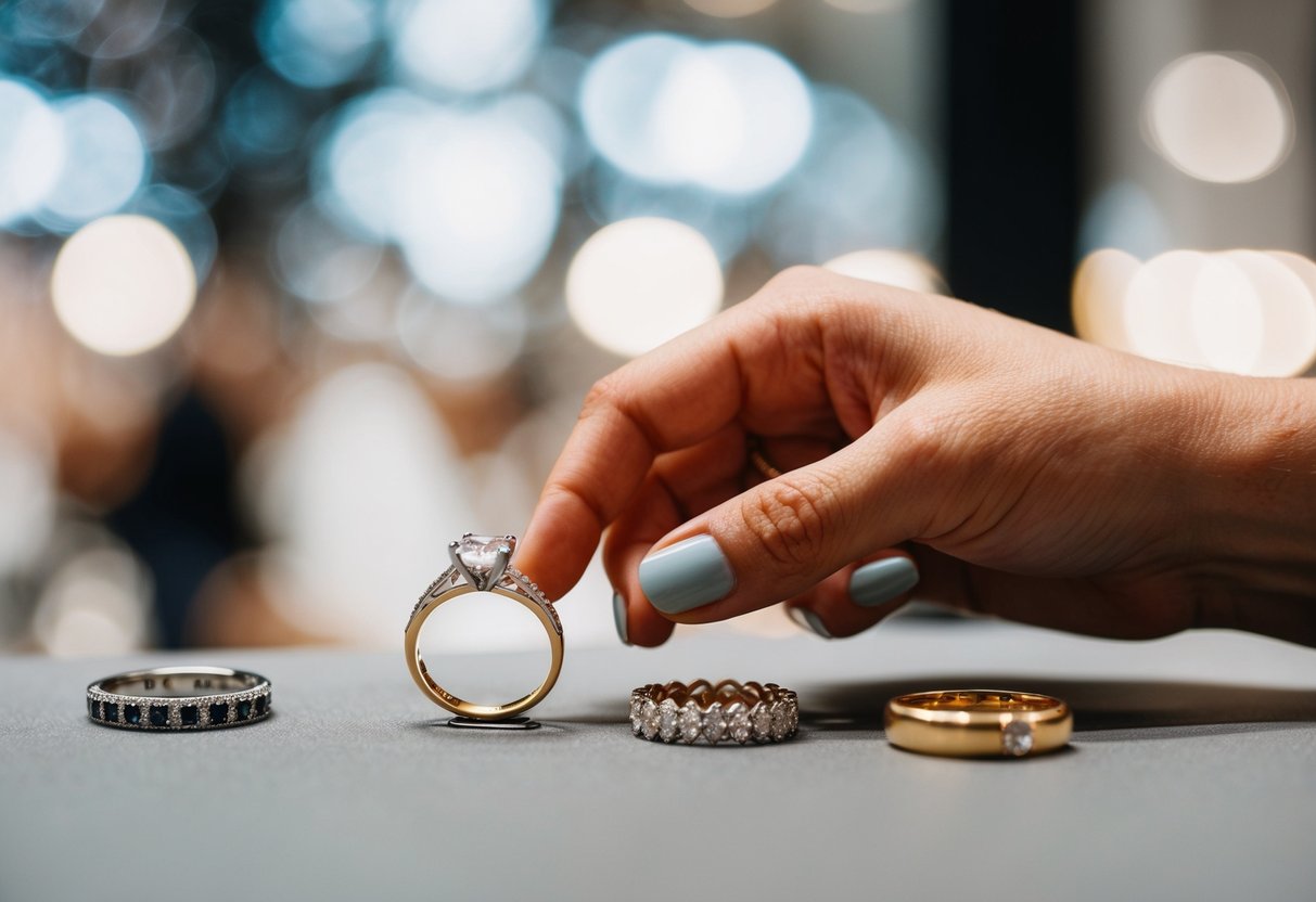 A hand reaching for a wedding band on a surface, surrounded by other jewelry