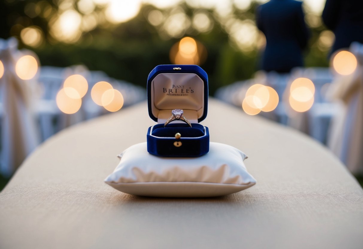 A small, ornate box holding the bride's ring is presented on a cushion or small pillow, ready to be carried down the aisle