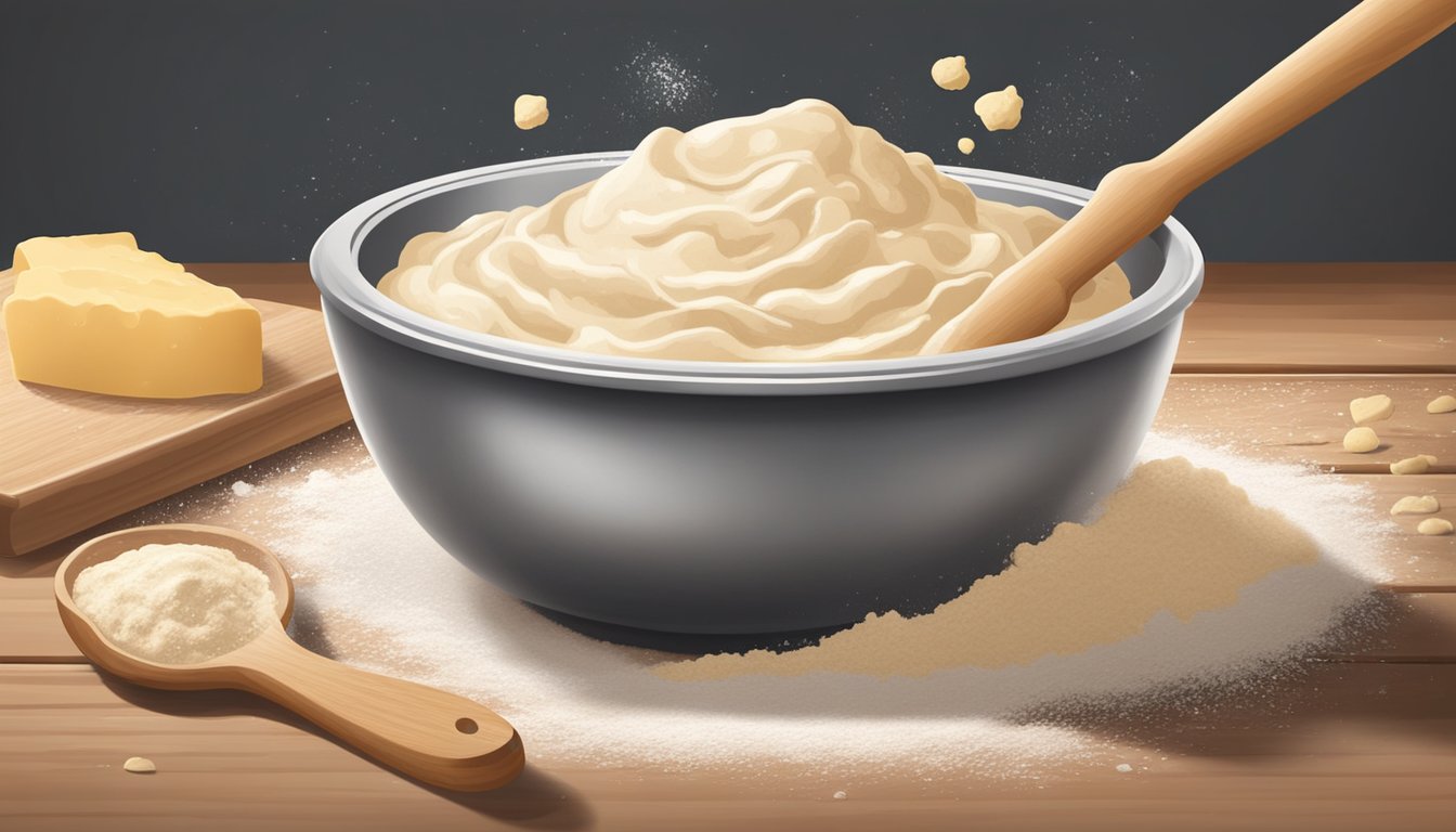 A bowl of raw dough sits on a wooden table, surrounded by scattered flour and a rolling pin. A spoonful of batter is being lifted from the bowl