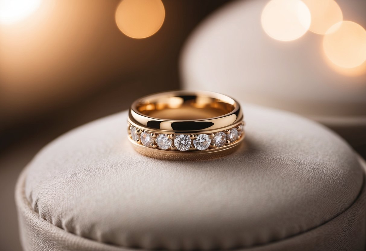 A wedding band resting on a cushioned surface, with soft lighting casting a warm glow