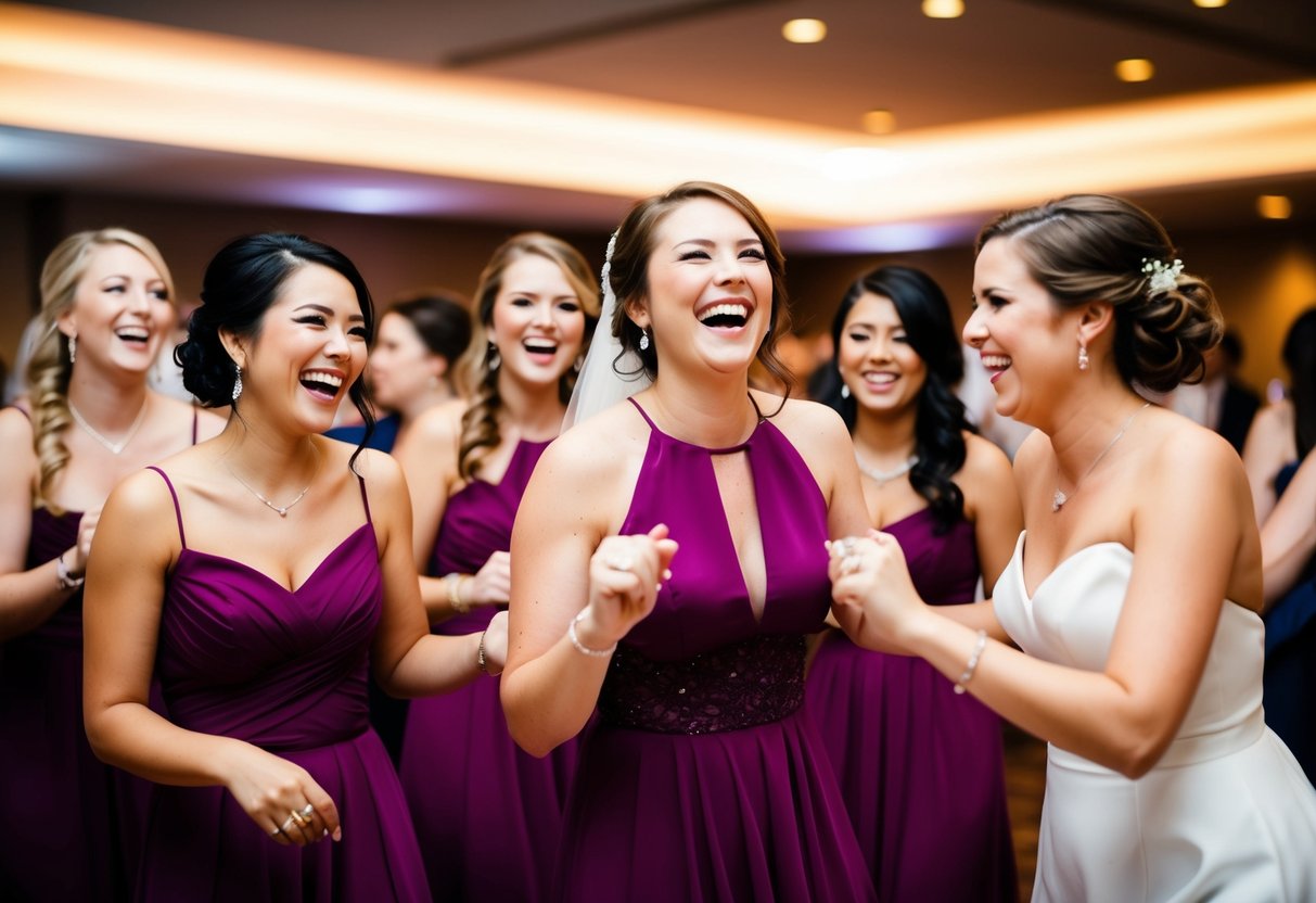 A group of bridesmaids laughing and dancing at a lively, upscale wedding reception