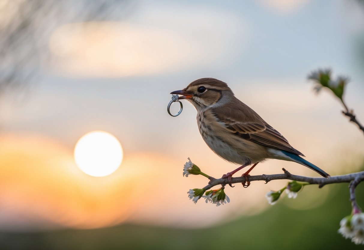 A small bird perches on a delicate branch, holding the bride's ring in its beak. The soft glow of the setting sun illuminates the scene