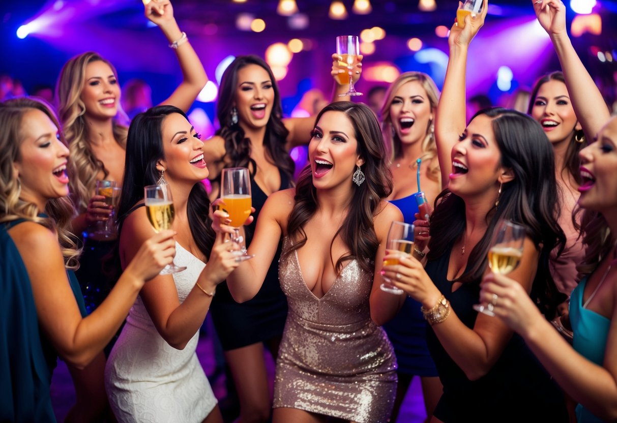 A group of women at a raucous bachelorette party, drinking and dancing in a nightclub with suggestive behavior and crude humor