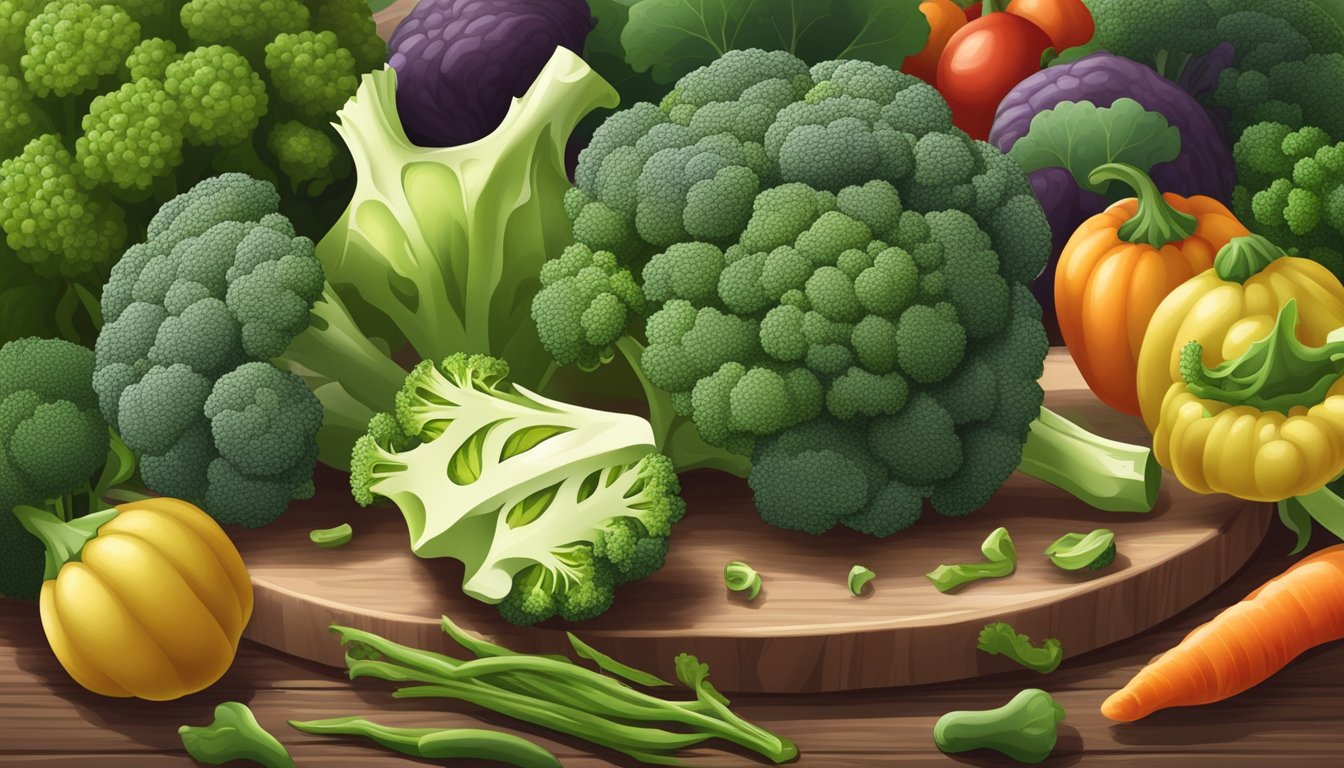 A bunch of unripe broccoli sitting on a wooden cutting board, surrounded by other vegetables