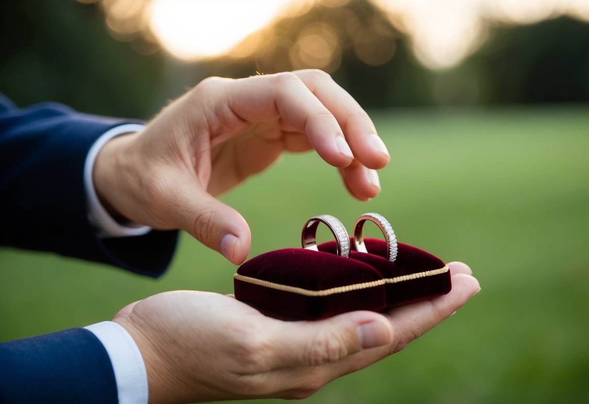 A hand reaches out, presenting two wedding bands on a velvet cushion