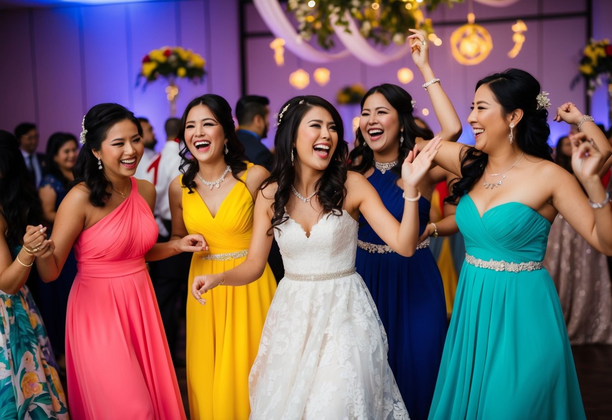 A group of women in colorful bridesmaid dresses laughing and dancing at a wedding reception, with cultural symbols and themes incorporated into the decor and surroundings