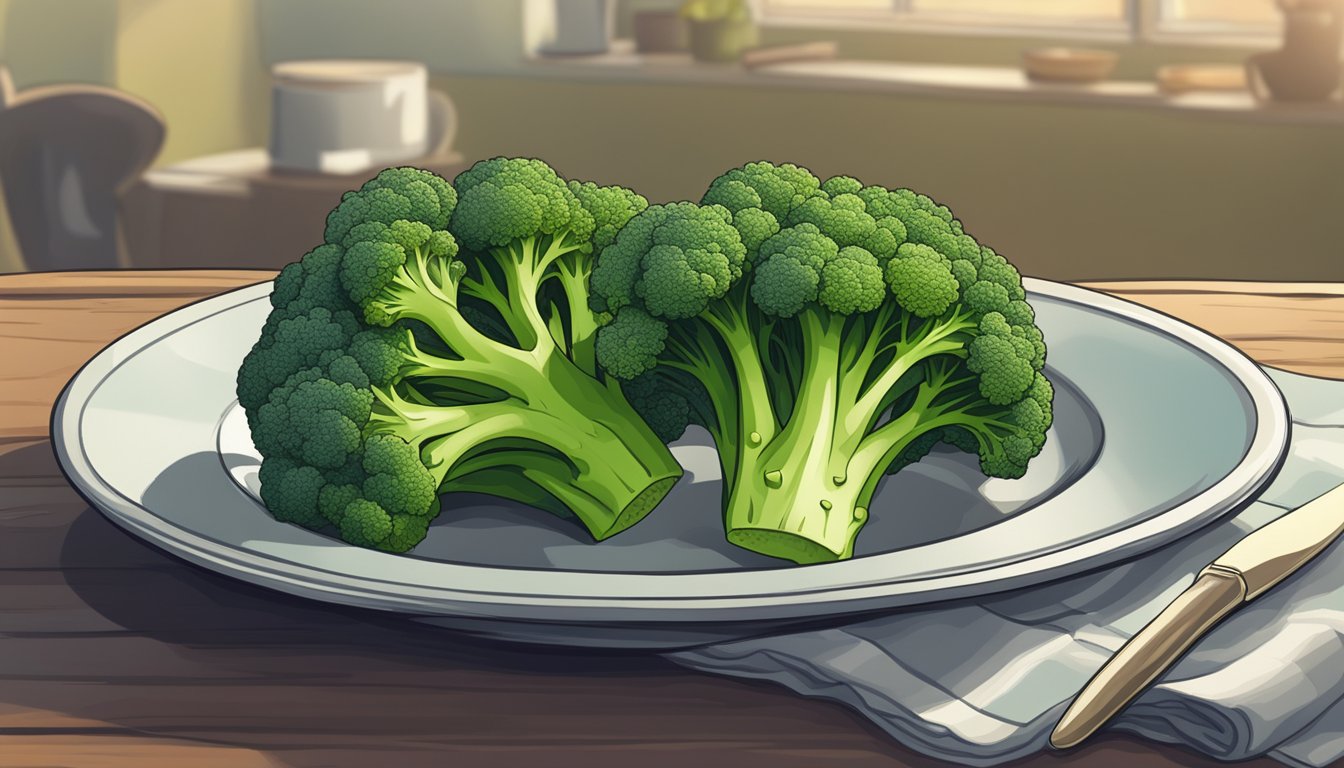 A plate of unripe broccoli next to a warning sign