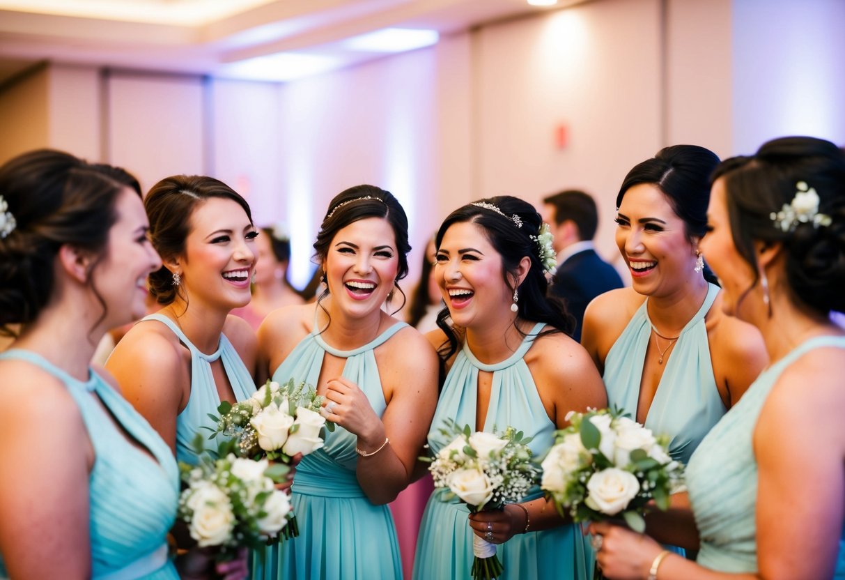 A group of bridesmaids gossiping and laughing at a wedding reception