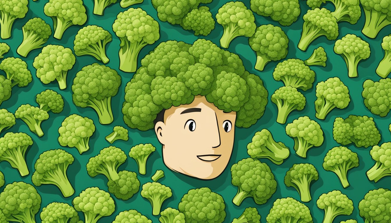 A head of unripe broccoli surrounded by question marks and a caution sign