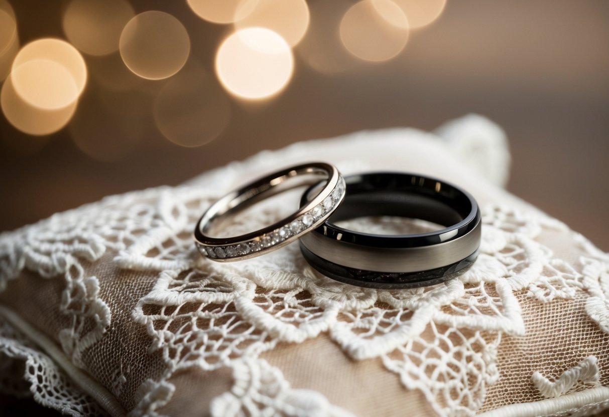 A pair of intertwined wedding rings resting on a delicate lace pillow