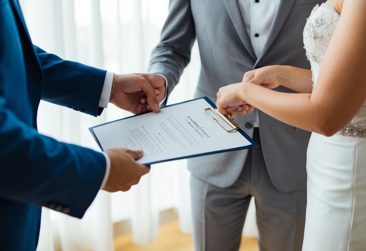 A man handing a document to his wife, symbolizing the act of taking her last name