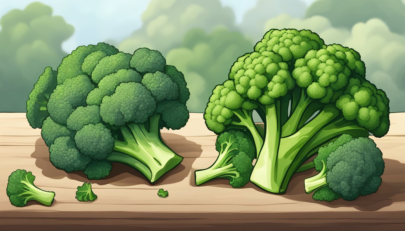 A pile of fresh broccoli beside a pile of spoiled broccoli, with visible differences in color, texture, and smell