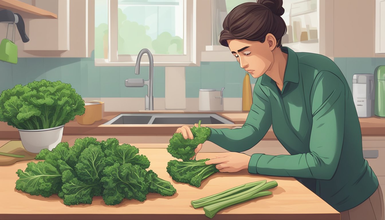 A bunch of unripe kale leaves sitting on a cutting board next to a knife and a confused expression on a person's face