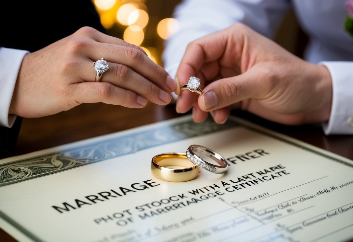 A couple exchanging marriage rings with a last name on a marriage certificate