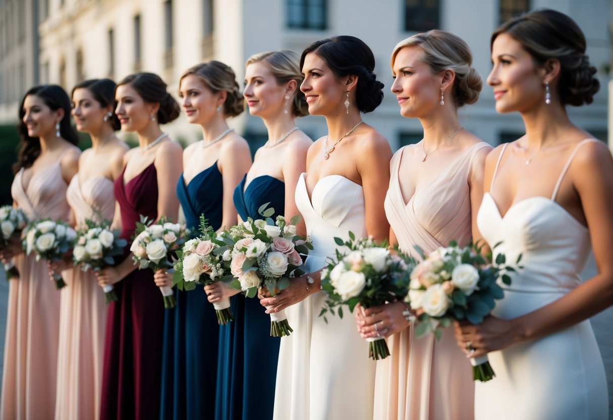 A group of women in elegant dresses stand in a line, one slightly ahead of the others, holding a bouquet