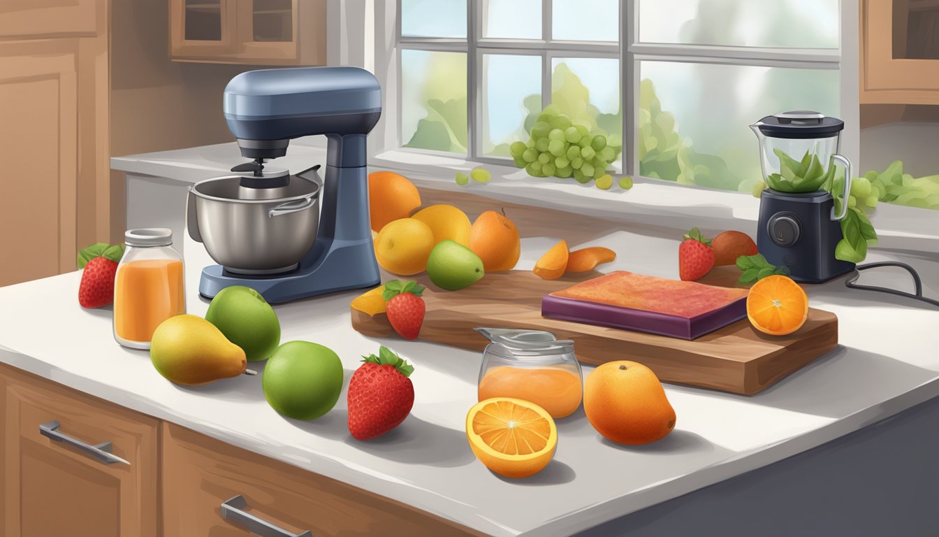 A kitchen counter with assorted fruits, a blender, and a baking sheet lined with parchment paper for making and storing fruit leather