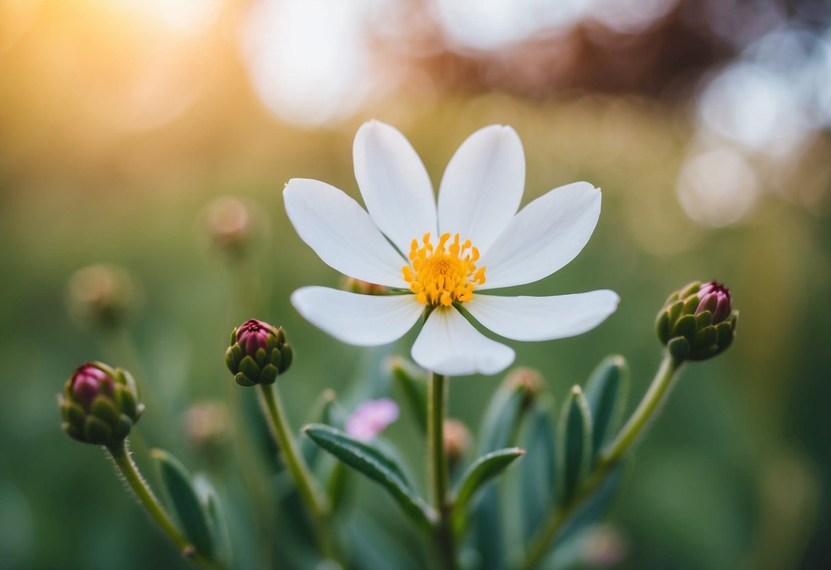 A single flower in bloom surrounded by smaller buds