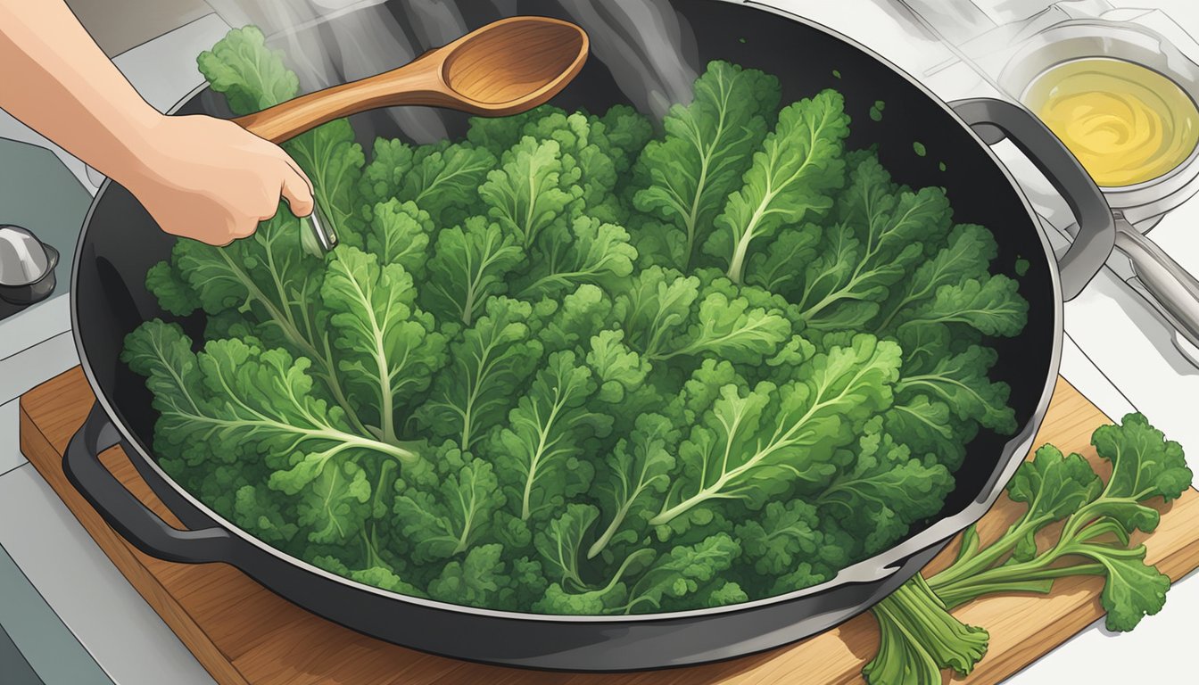 A chef sautéing fresh kale in a sizzling pan, steam rising as the vibrant green leaves wilt and release their earthy aroma