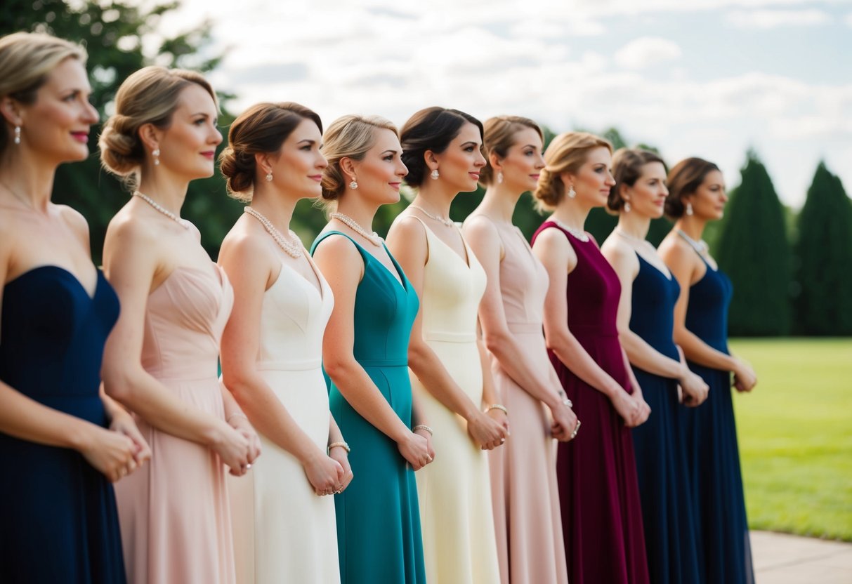 A group of women in elegant dresses stand in a line, one steps forward