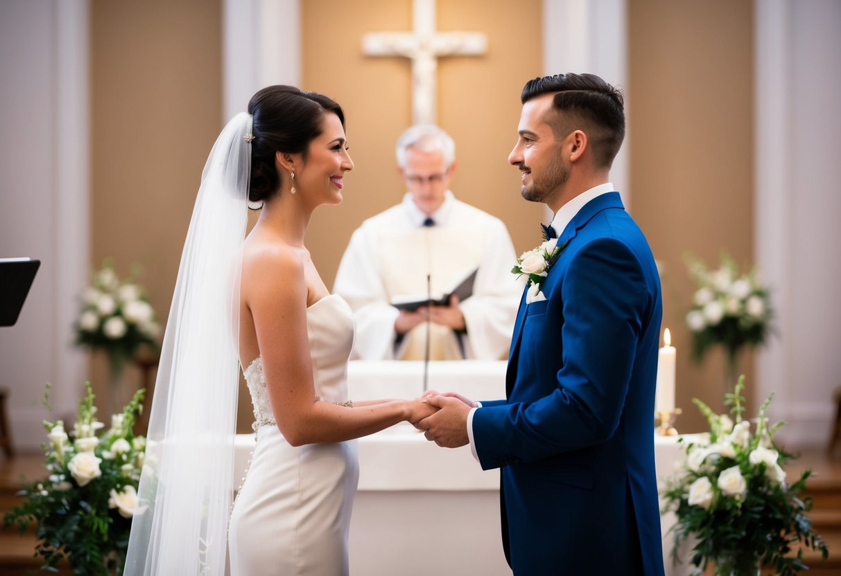 A bride and groom standing at the altar, facing each other with a serene expression, as they exchange vows
