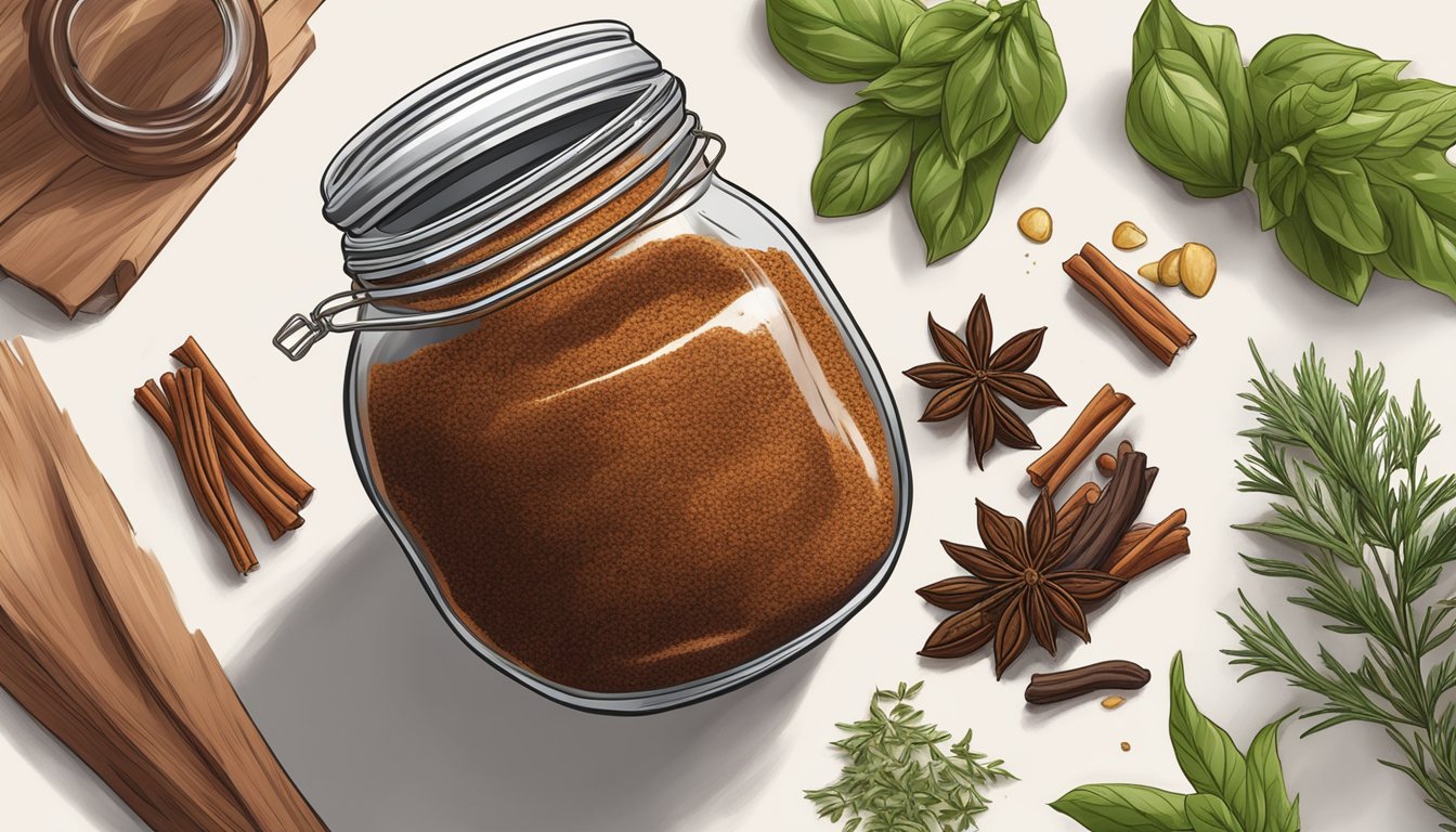 A jar of expired barbecue rub surrounded by wilted herbs and spices