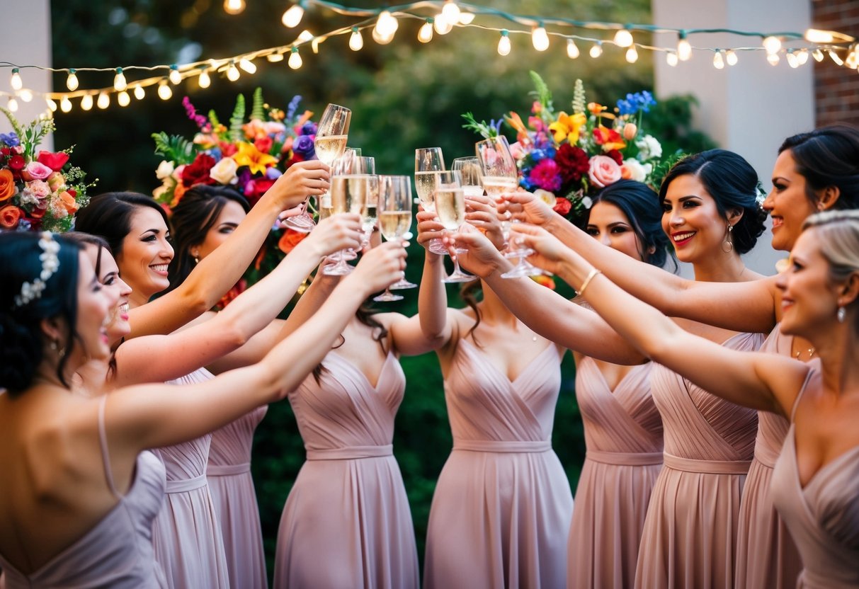 A group of bridesmaids in matching dresses raise their glasses in a toast, surrounded by colorful floral arrangements and twinkling string lights