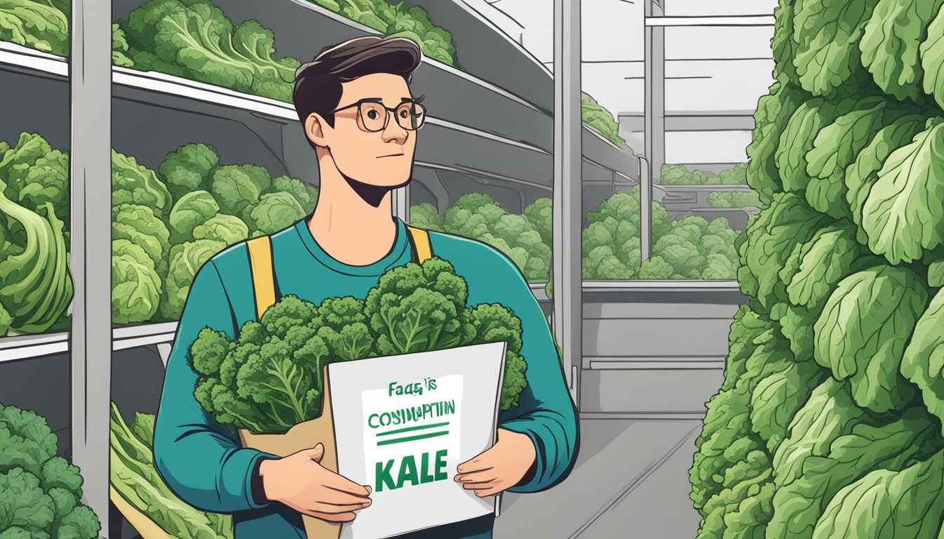 A person holding a bunch of unripe kale, with a confused expression, looking at a sign that says "FAQs on Kale Consumption: Is it safe to eat unripe kale?"