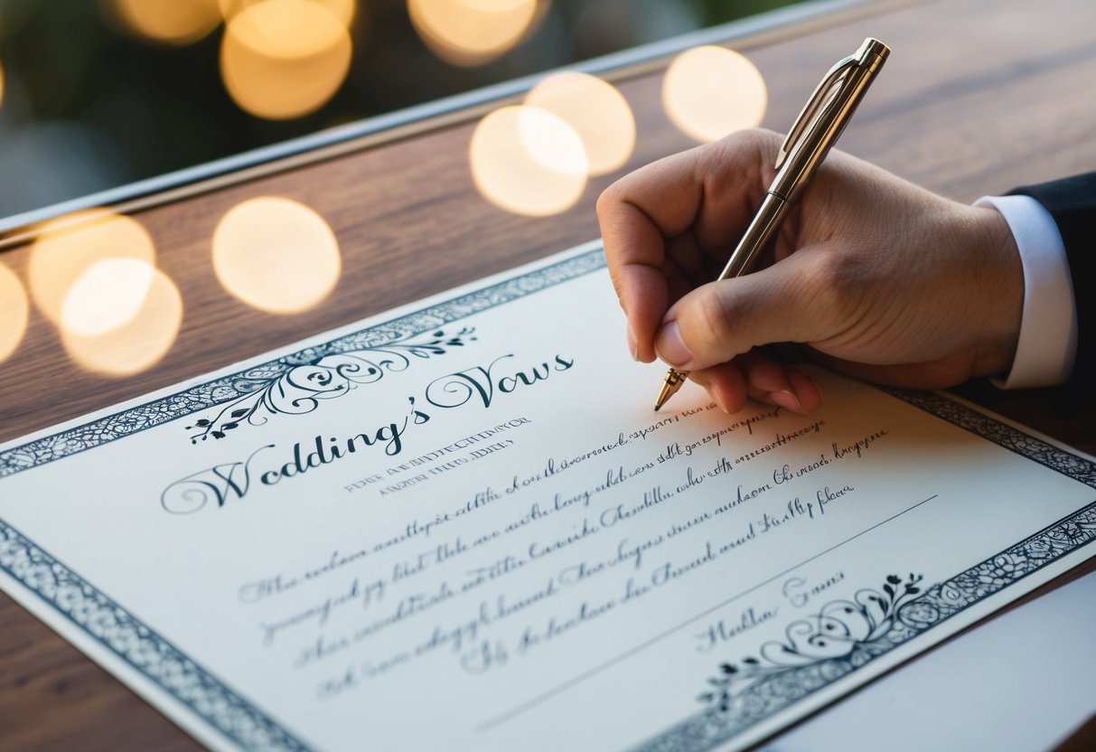 A couple's wedding vows being written on personalized stationery with decorative details and a pen resting nearby