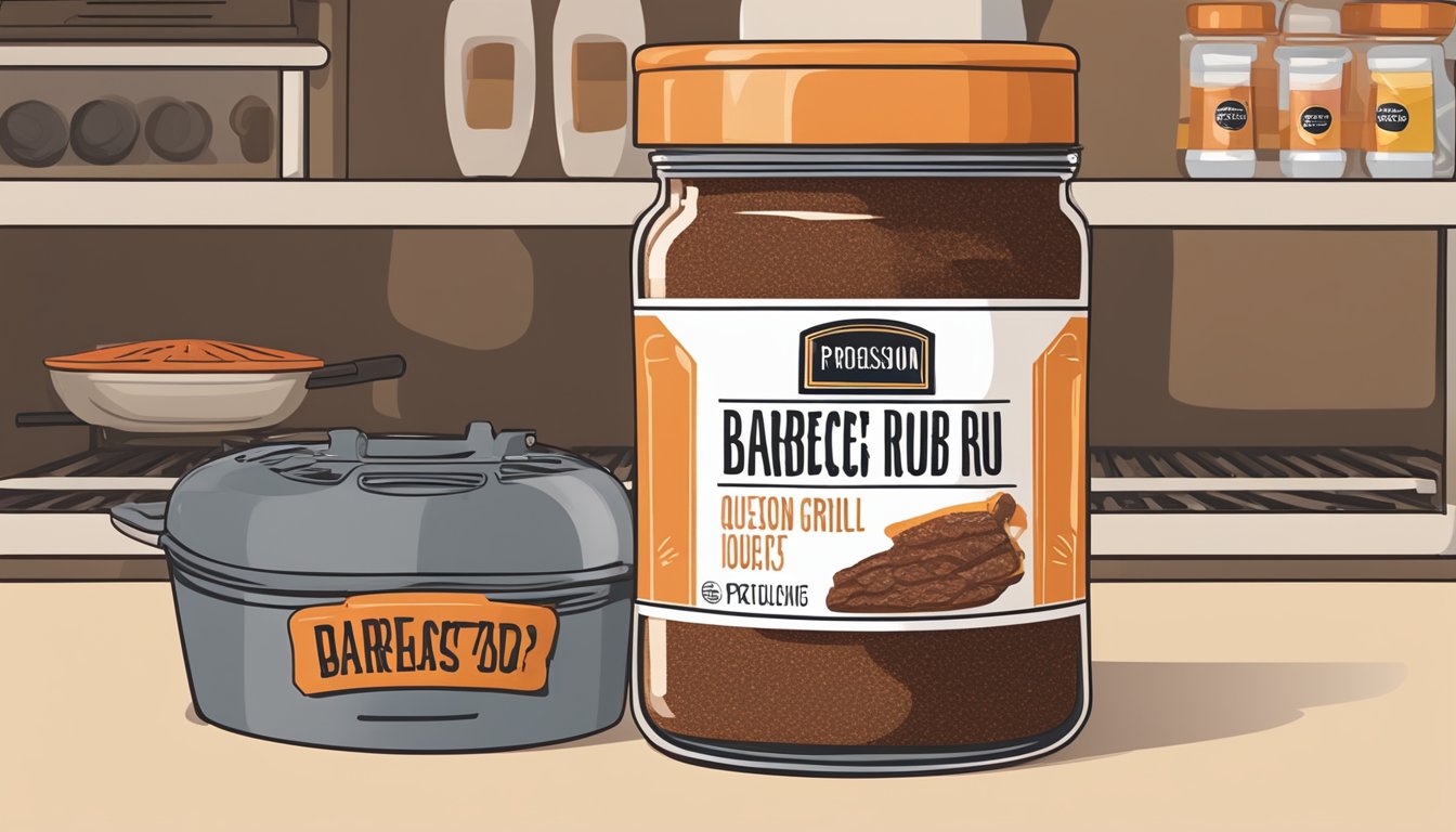 A jar of expired barbecue rub sitting on a shelf next to a grill, with a question mark hovering above it