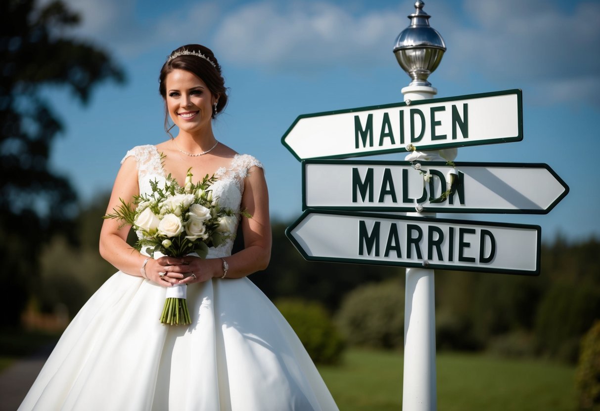 A woman in a wedding dress holding a bouquet with her maiden name and married name on a signpost