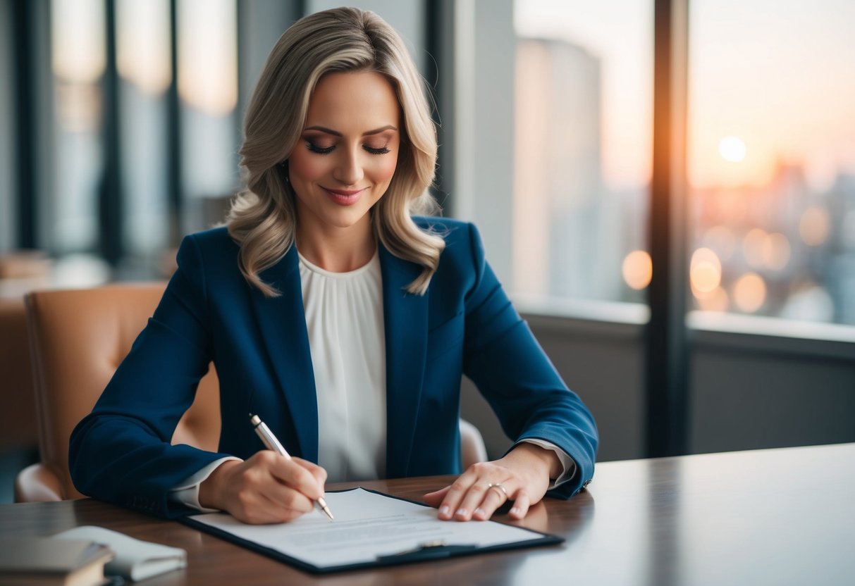 A woman signing a legal document with her maiden name