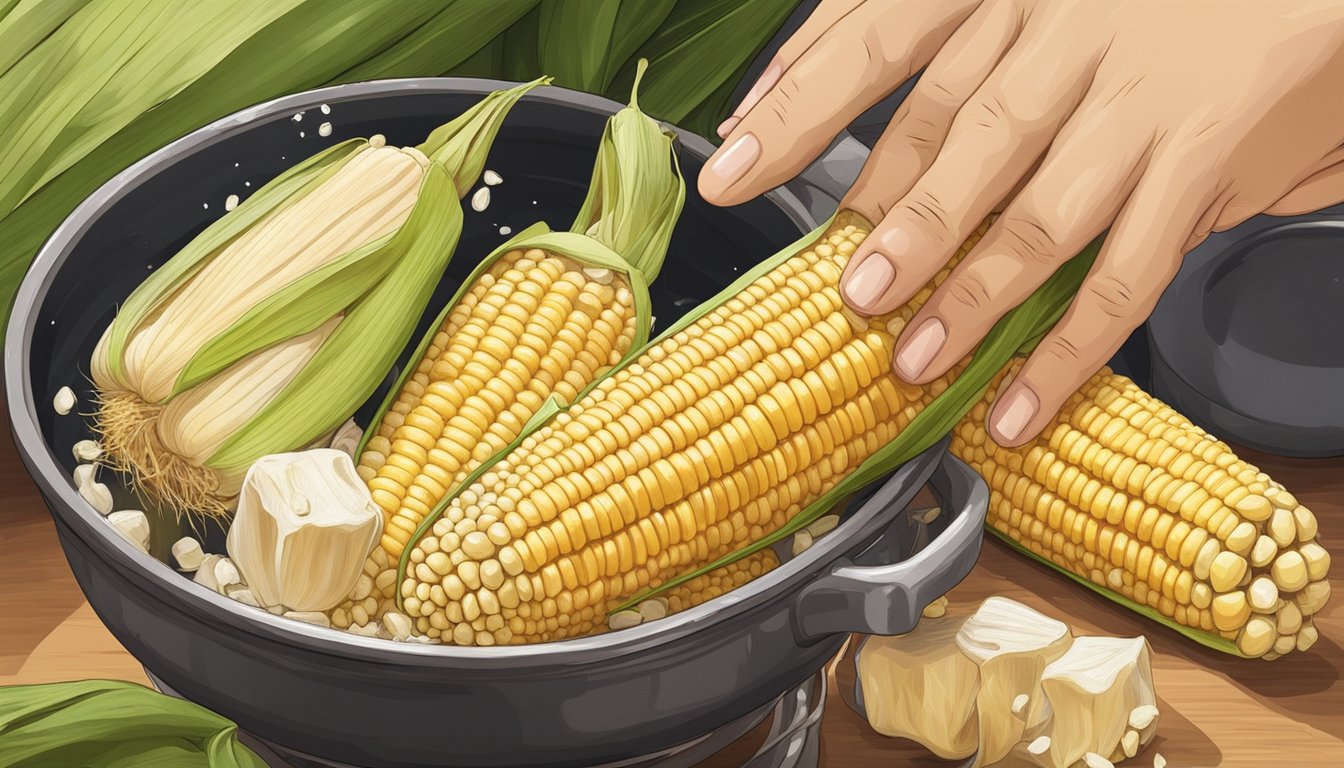 A hand holding an ear of fresh corn, husk peeled back, revealing the kernels. A pot of boiling water in the background