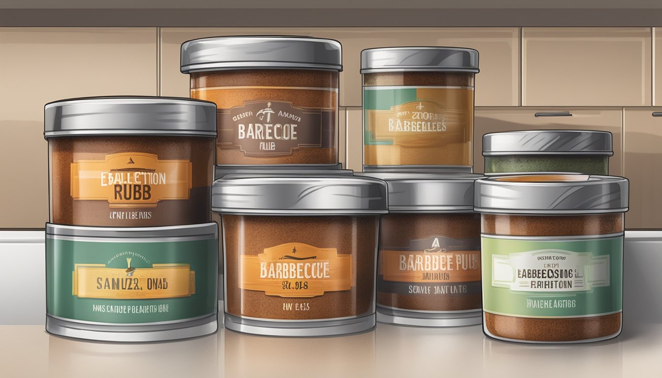 A collection of various barbecue rub containers with different expiration dates, some faded and peeling, sitting on a kitchen counter