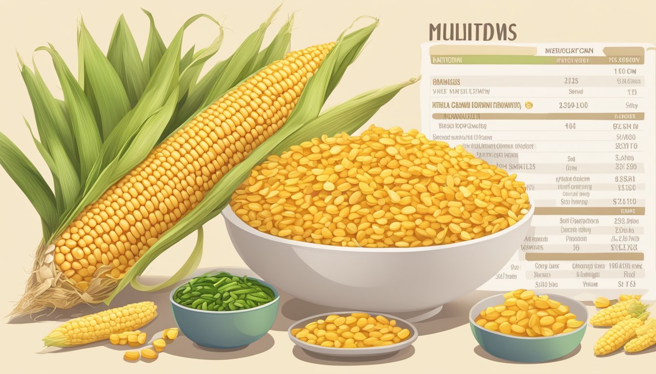 A pile of corn husks next to a nutritional profile chart and a bowl of dietary fiber-rich foods