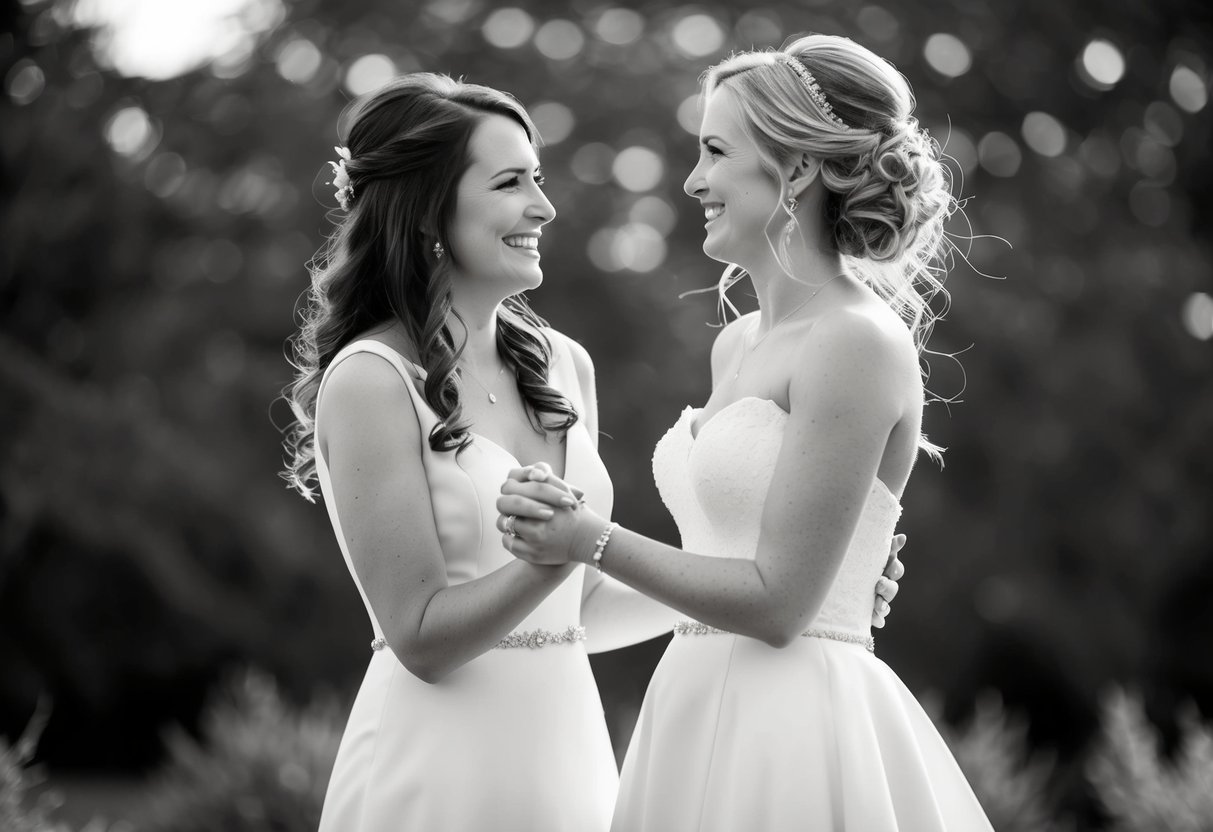 A bride and her closest friend stand together, exchanging smiles and sharing a tender moment
