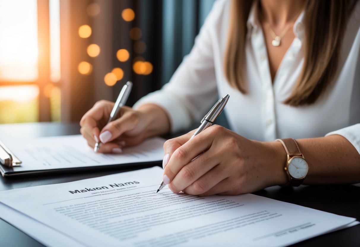 A woman signing her maiden name on legal documents