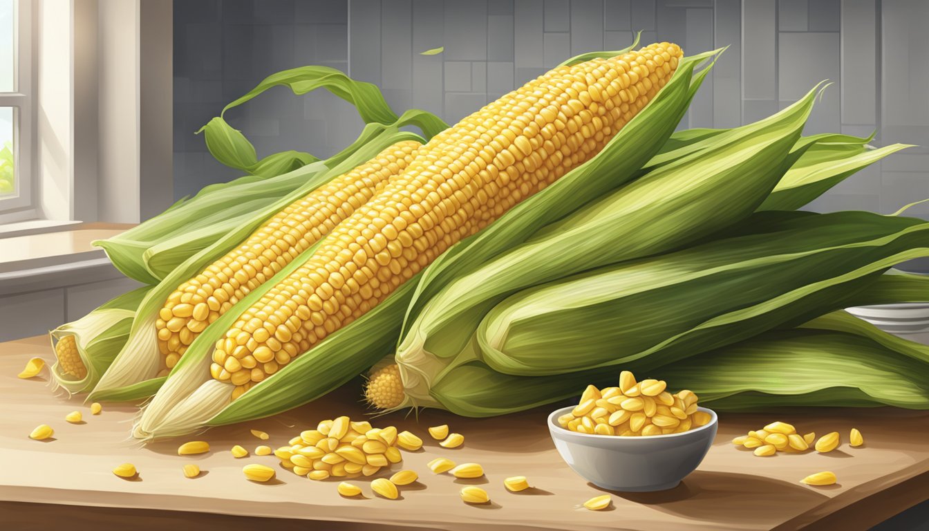 A pile of corn husks on a clean, well-lit kitchen counter