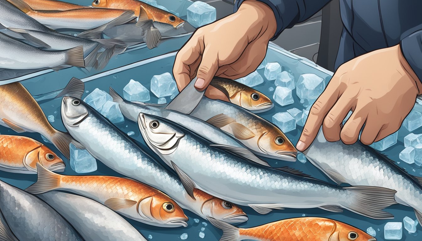 A hand selecting a fresh fish from a bed of ice at a fish market