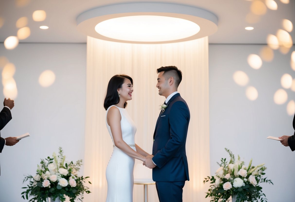 A couple standing in a modern, minimalist wedding ceremony setting, surrounded by sleek, contemporary decor and soft, romantic lighting